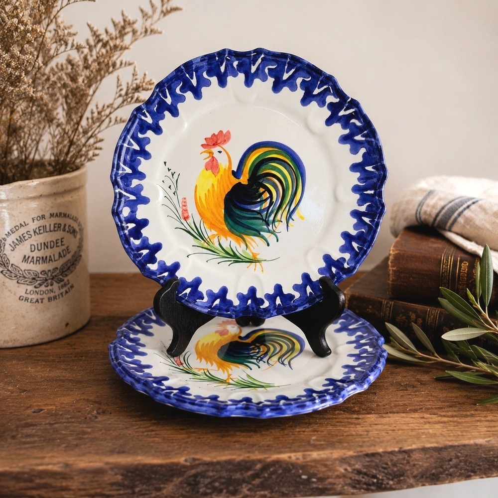 Vintage Zanolli Italy Hand Painted Rooster Majolica Plates Set of 2 Tuscan Decor